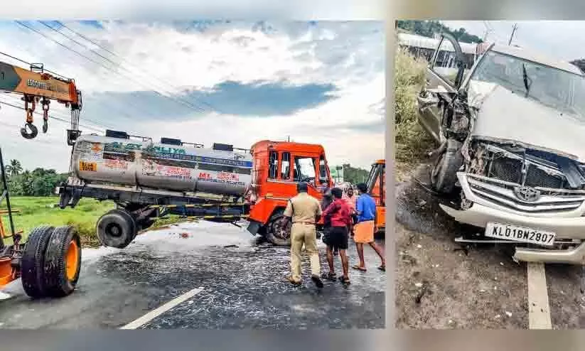 Six injured in tanker-car collision