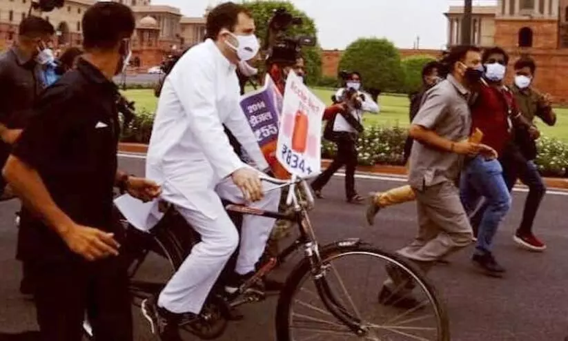 Rahul Gandhi leads bicycle rally to Parliament over fuel price hike