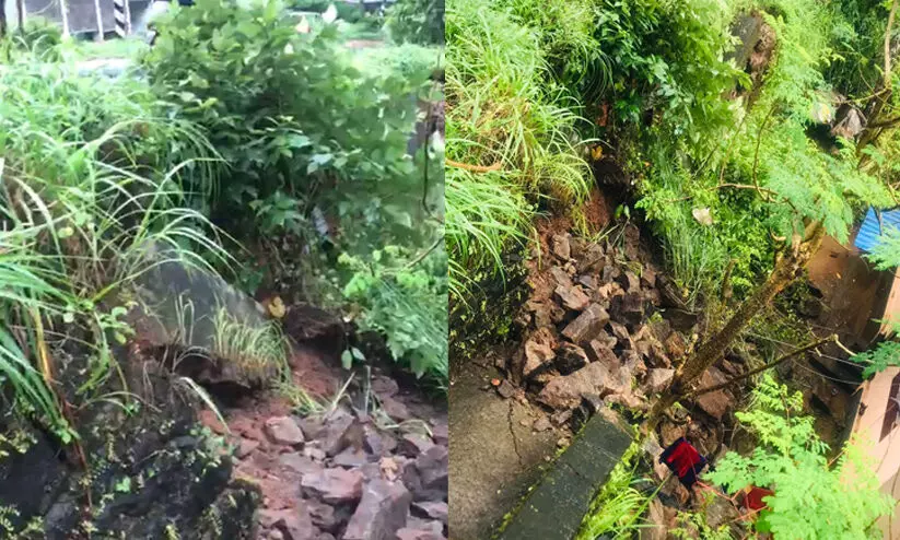 ഒതുക്കുങ്ങലിൽ കനത്ത മഴയിൽ റോഡിന്‍റെ സംരക്ഷണ ഭിത്തി ഇടിഞ്ഞുവീണു