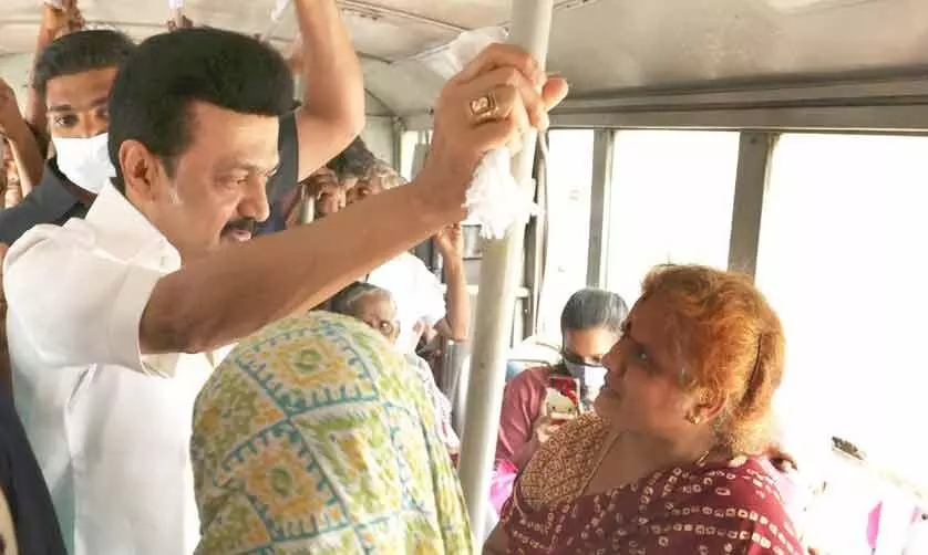 mk stalin in bus