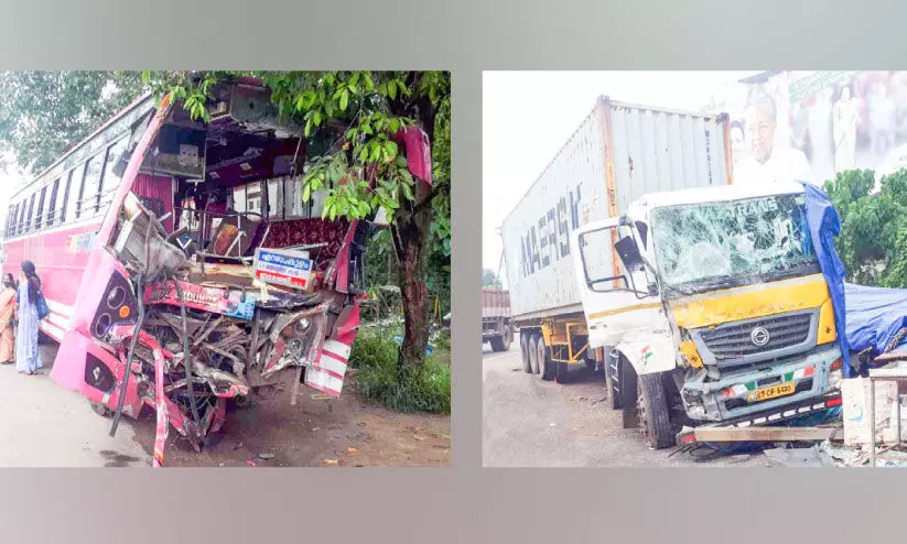 സ്വകാര്യ ബസ് കണ്ടെയ്നർ ലോറിയിലിടിച്ച് മൂന്ന് പേർക്ക് പരിക്ക്