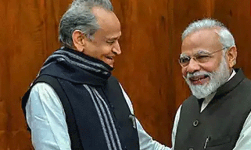 PM Modi and Ashok Gehlot share stage during the event on the Mangarh massacre