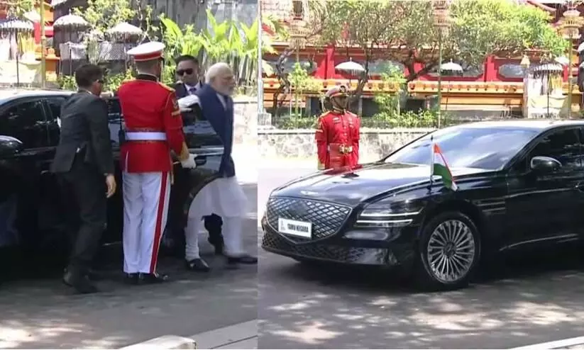 Indian Prime Minister Narendra Modi arrives in a Hyundai sedan at G20 summit