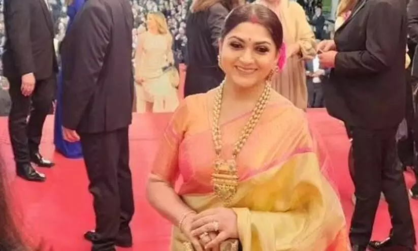 Actress kushboo sundar Wearing traditional kanchipuram silk saree At Cannes