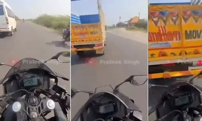 ABS saves Yamaha R15 rider from crashing into a pick up truck -Video