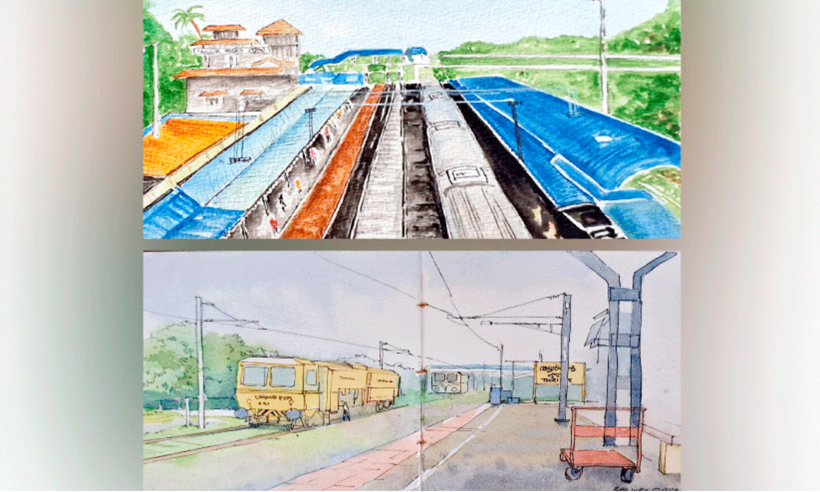Mini Watercolor Drawings of a Railway Station