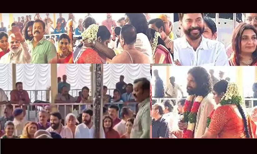 PM Modi  and  mohanlal, mammootty attends Suresh Gopis daughter Bhagya Sureshs wedding