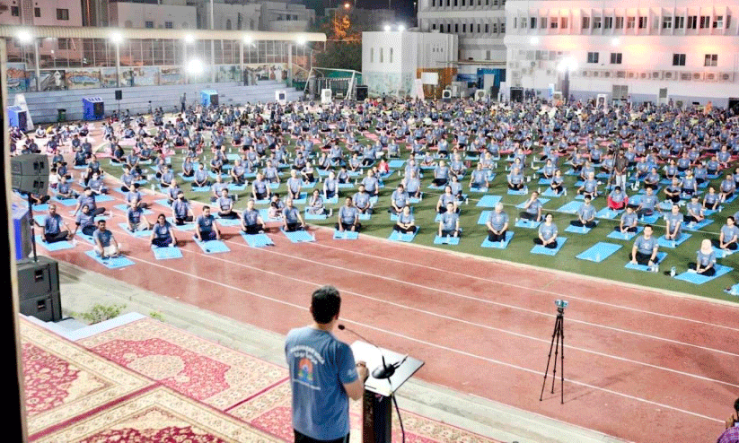 Mega Yoga celebration Organized by Indian Embassy Muscat Indian School