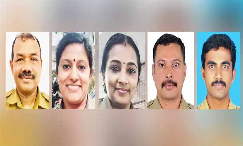 മ​ല​പ്പു​റം സി​വി​ൽ എ​ക്സൈ​സ് ഓ​ഫി​സ​ർ ഡ്രൈ​വ​ർ അ​ബ്ദു​റ​ഹ്മാ​ൻ, കാ​ളി​കാ​വ് വ​നി​ത സി​വി​ൽ എ​ക്സൈ​സ് ഓ​ഫി​സ​ർ എ.​കെ. നി​മി​ഷ, പൊ​ന്നാ​നി വ​നി​ത സി​വി​ൽ എ​ക്സൈ​സ് ഓ​ഫി​സ​ർ ടി. ​കെ. ജ്യോ​തി, മ​ല​പ്പു​റം സി​വി​ൽ എ​ക്സൈ​സ് ഓ​ഫി​സ​ർ സ​ഫീ​റ​ലി, മ​ല​പ്പു​റം സി​വി​ൽ എ​ക്സൈ​സ് ഓ​ഫി​സ​ർ നി​തി​ൻ ചോ​മാ​രി